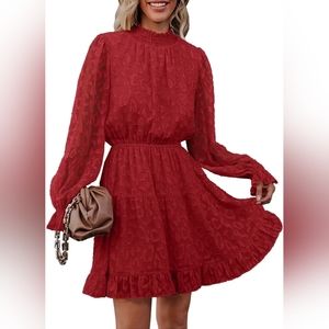 Kikula Women's Long Sleeve Mock Neck Dress Elastic High Waist Lace Ruffle